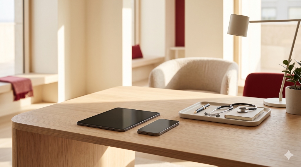Modern physician consultation room with doctor tablet and patient mobile app for post-discharge follow-up